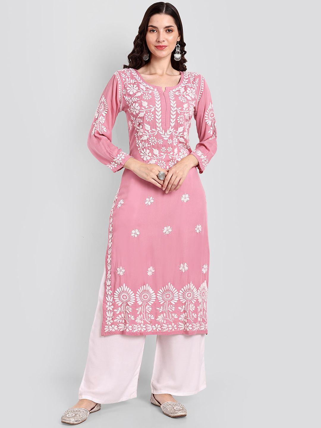 seva chikan women pink ethnic motifs embroidered chikankari floral handloom kurta