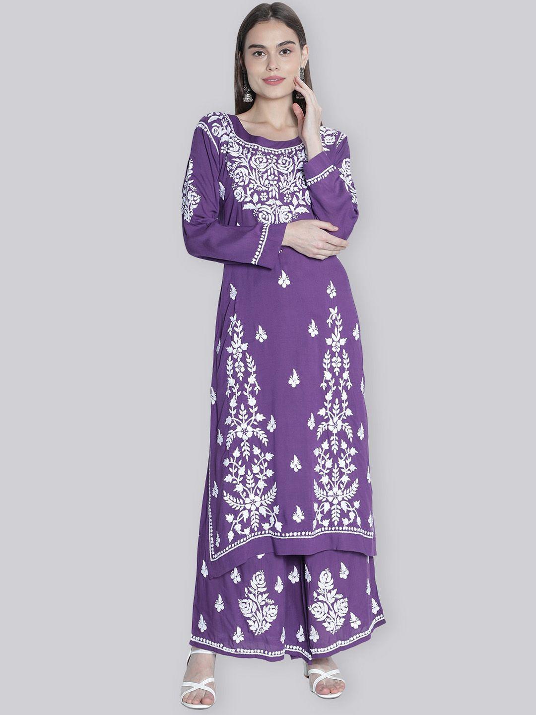 seva chikan women purple ethnic motifs embroidered regular chikankari kurta with palazzos