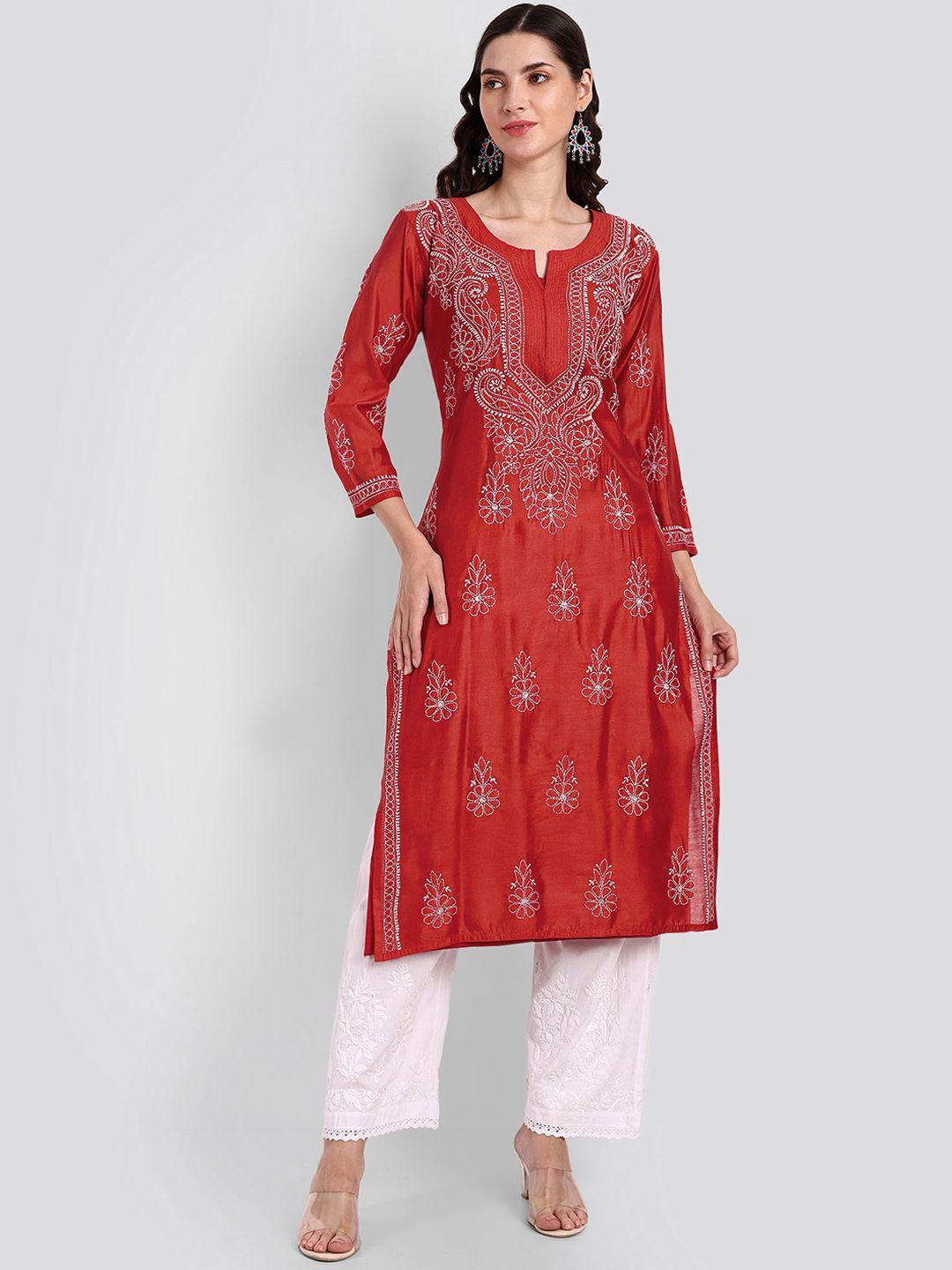 seva chikan women red ethnic motifs embroidered keyhole neck mirror work floral handloom kurta