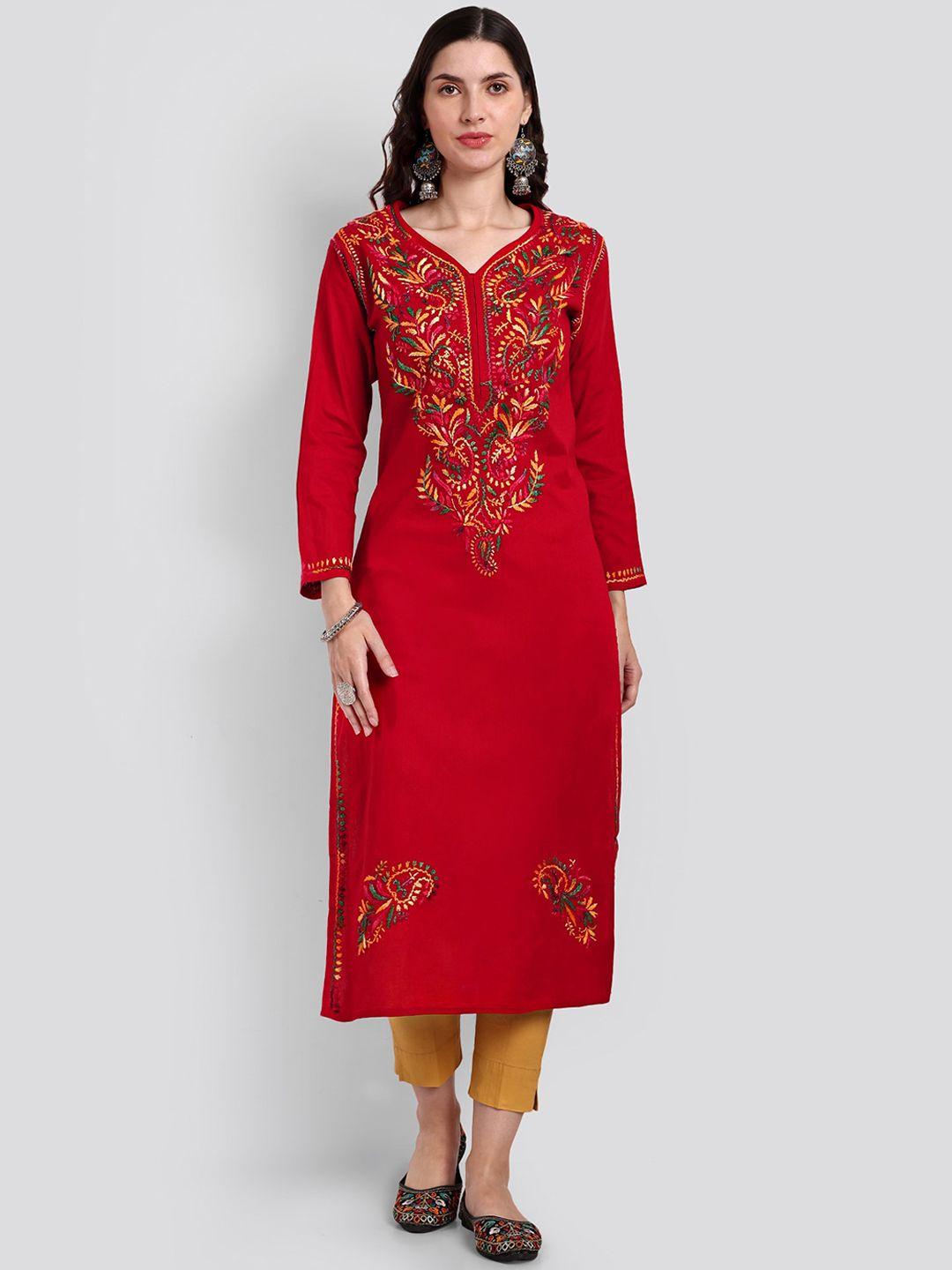 seva chikan women red ethnic motifs embroidered sequinned handloom kurta
