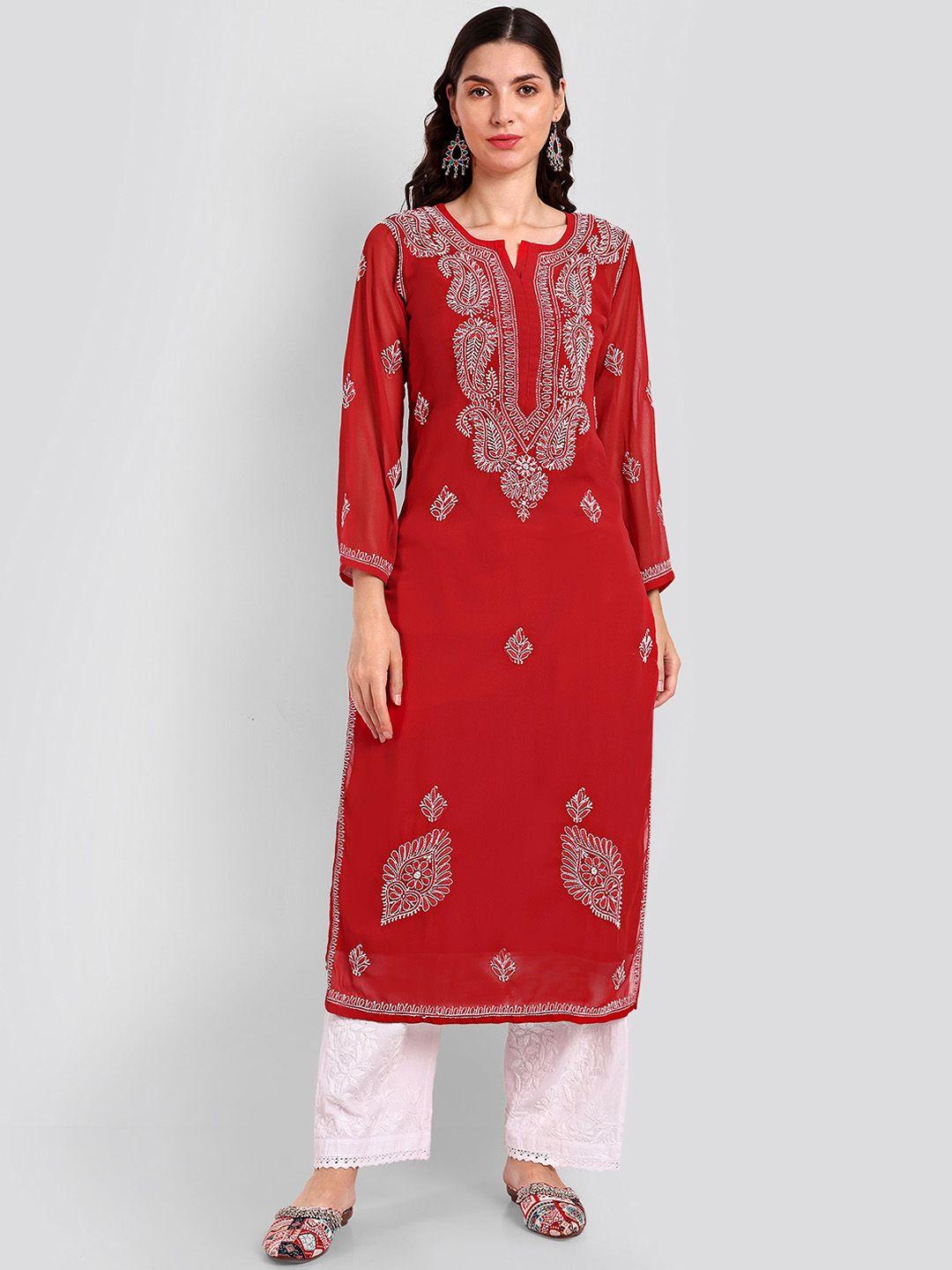 seva chikan women red ethnic motifs embroidered thread work handloom georgette kurta