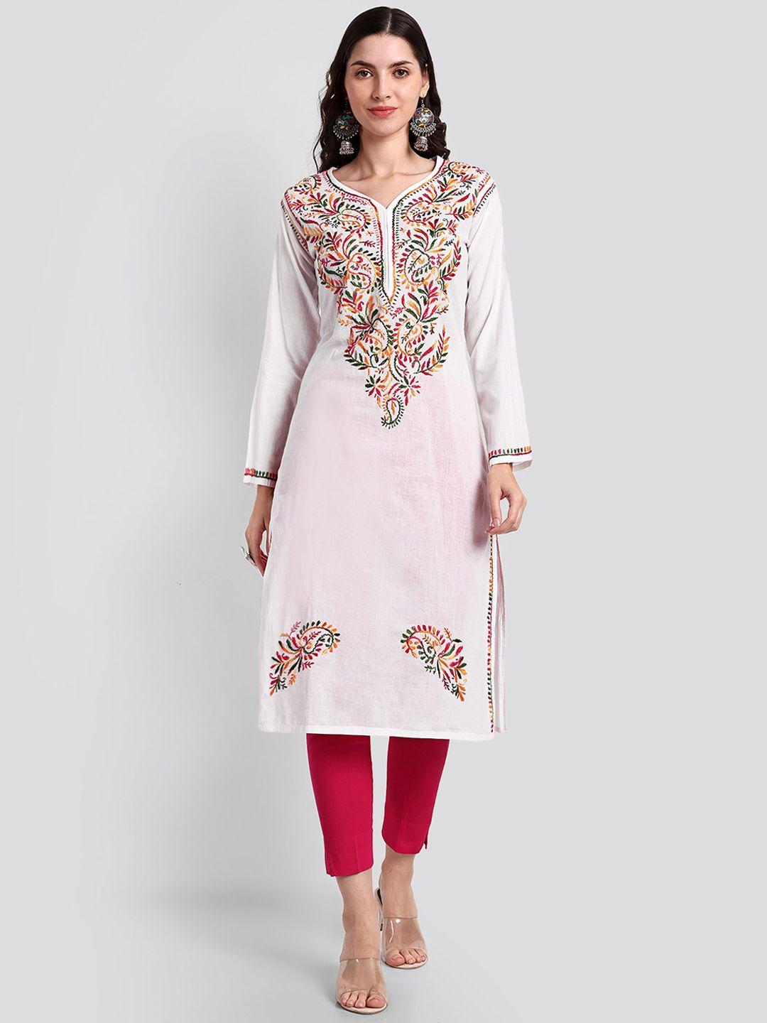 seva chikan women white ethnic motifs embroidered thread work floral handloom kurta