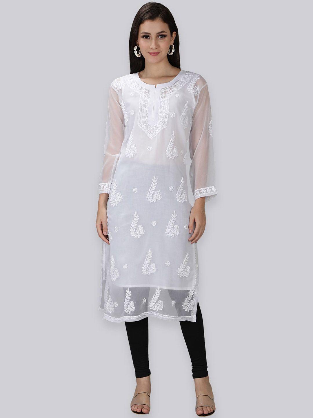seva chikan women white ethnic motifs embroidered thread work handloom georgette kurta