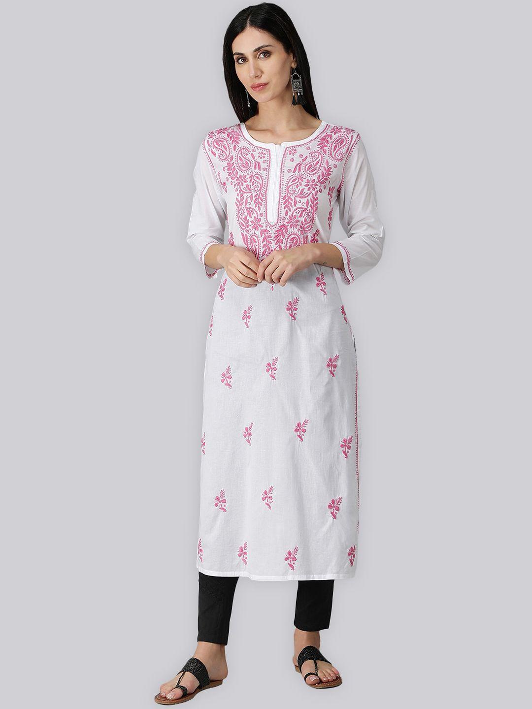 seva chikan women white floral embroidered chikankari handloom kurta