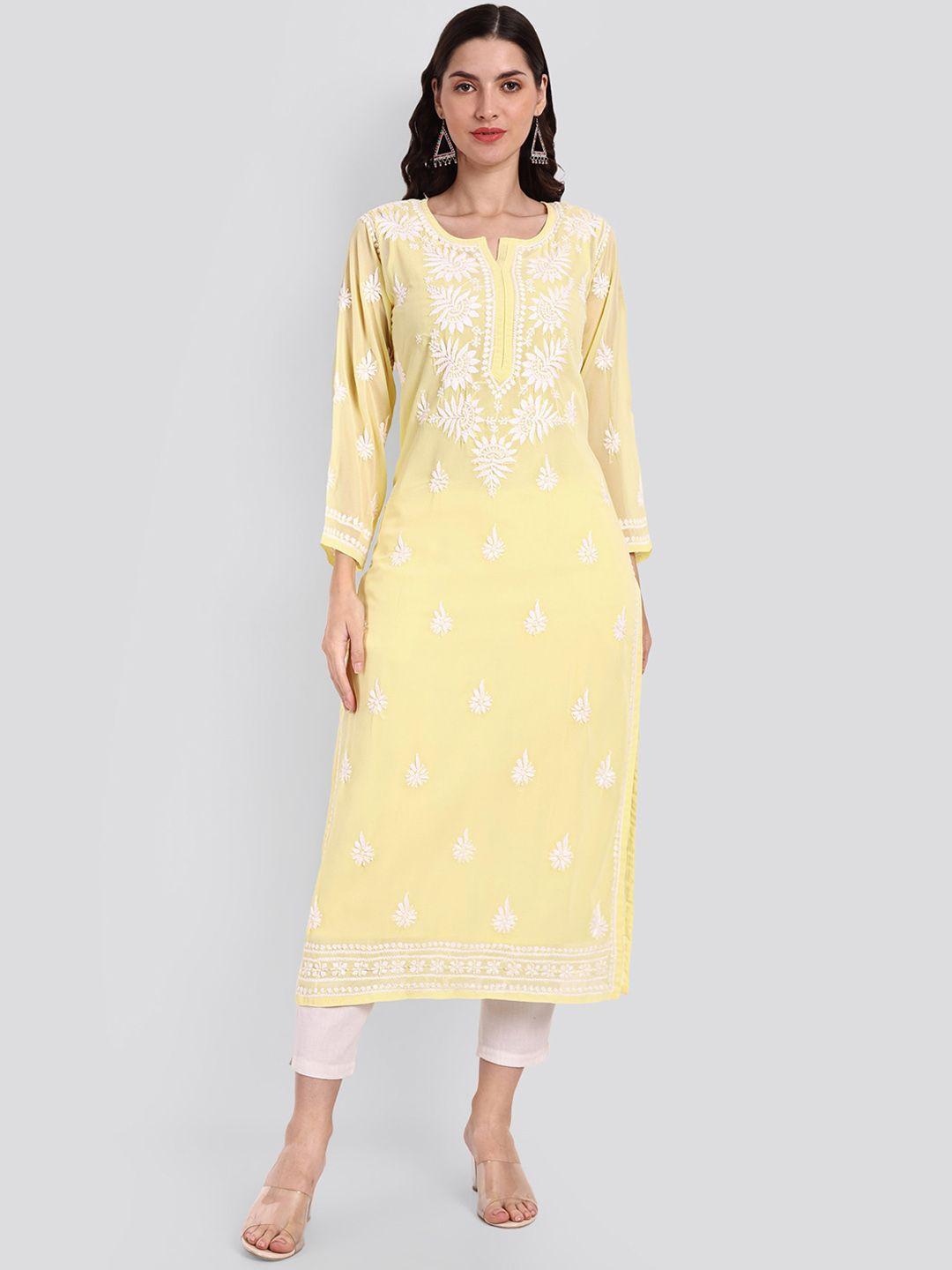 seva chikan women yellow ethnic motifs embroidered flared sleeves chikankari handloom georgette kurta