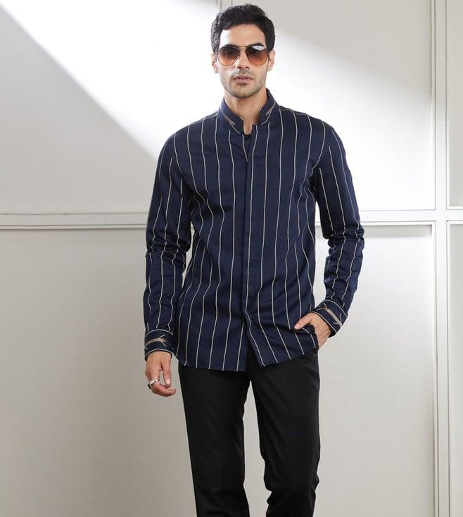 seven dc navy blue linear stripe shirt