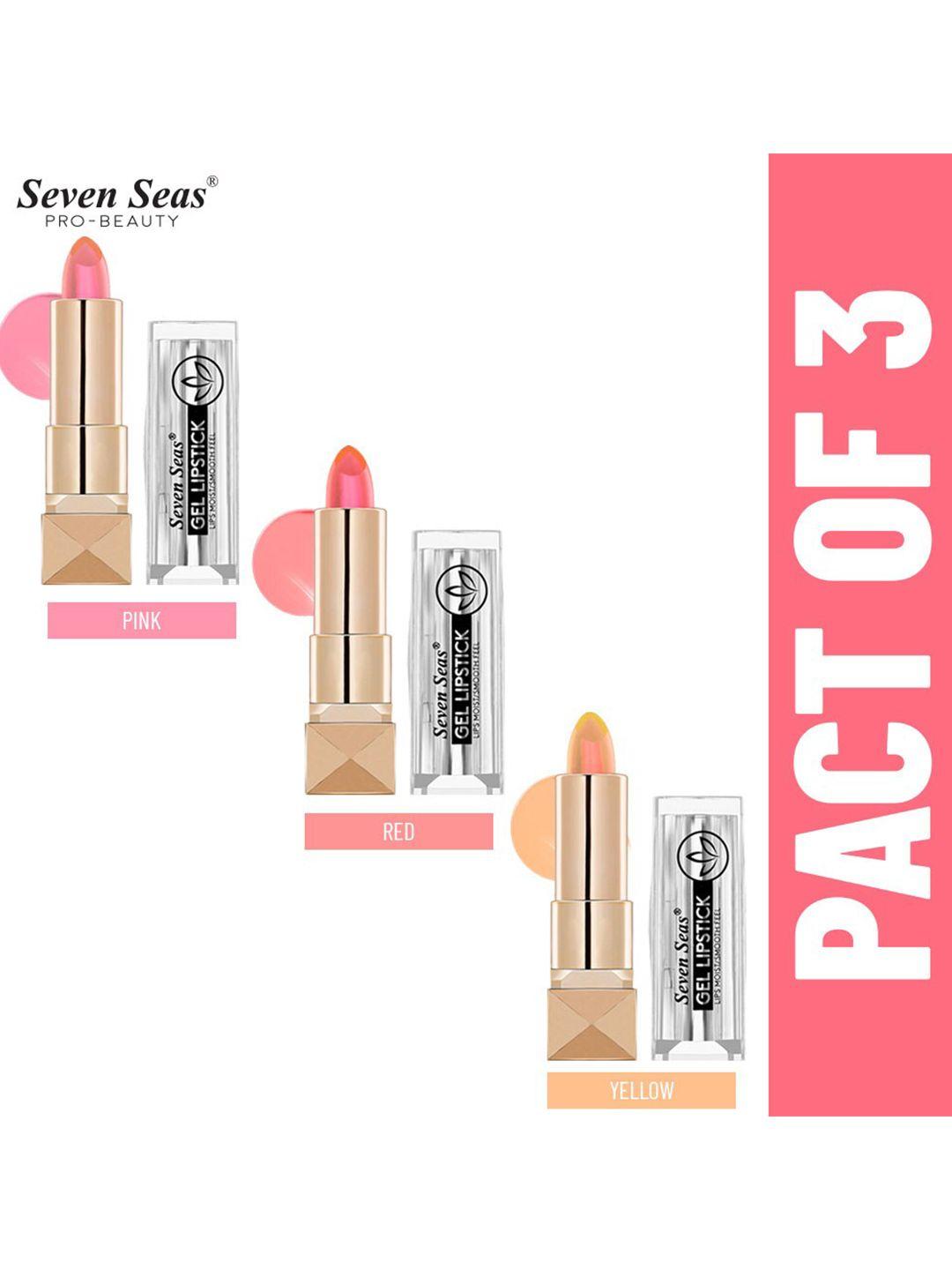 seven seas set of 3 lips moist smooth feel gel lipstick - pink-yellow & red