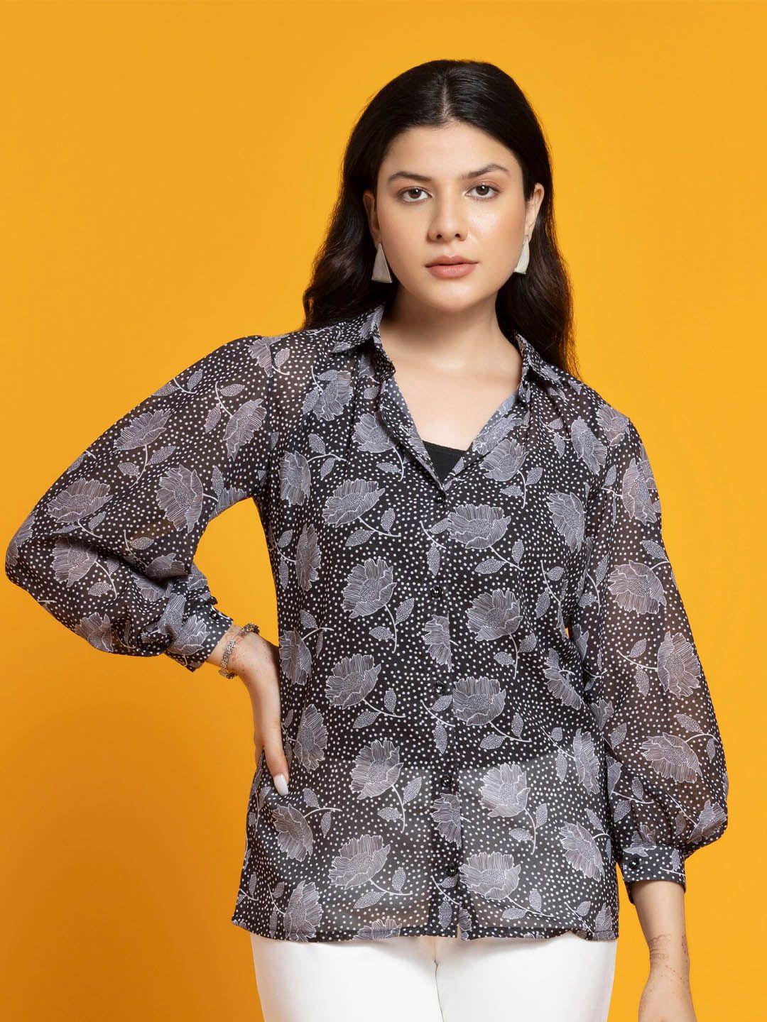 sew you soon black floral print cotton georgette shirt style top