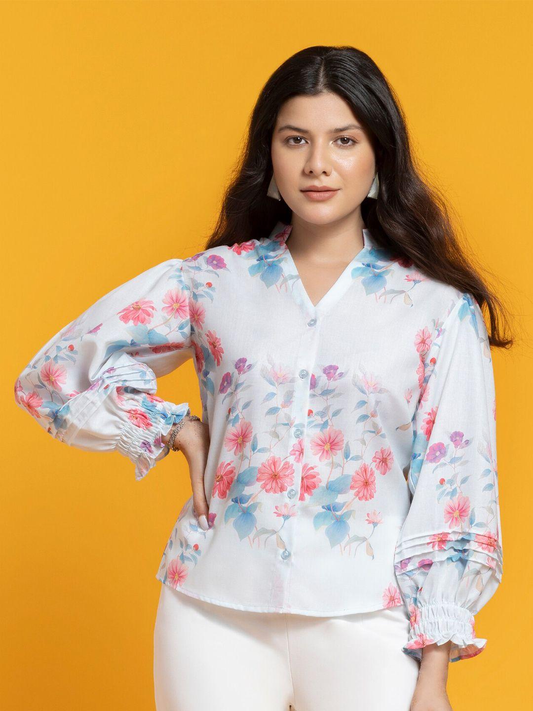 sew you soon blue floral print puff sleeve cotton shirt style top
