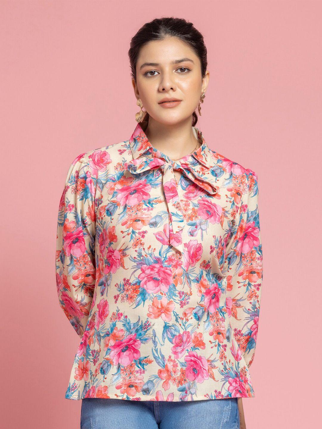 sew you soon pink floral print tie-up neck cotton top