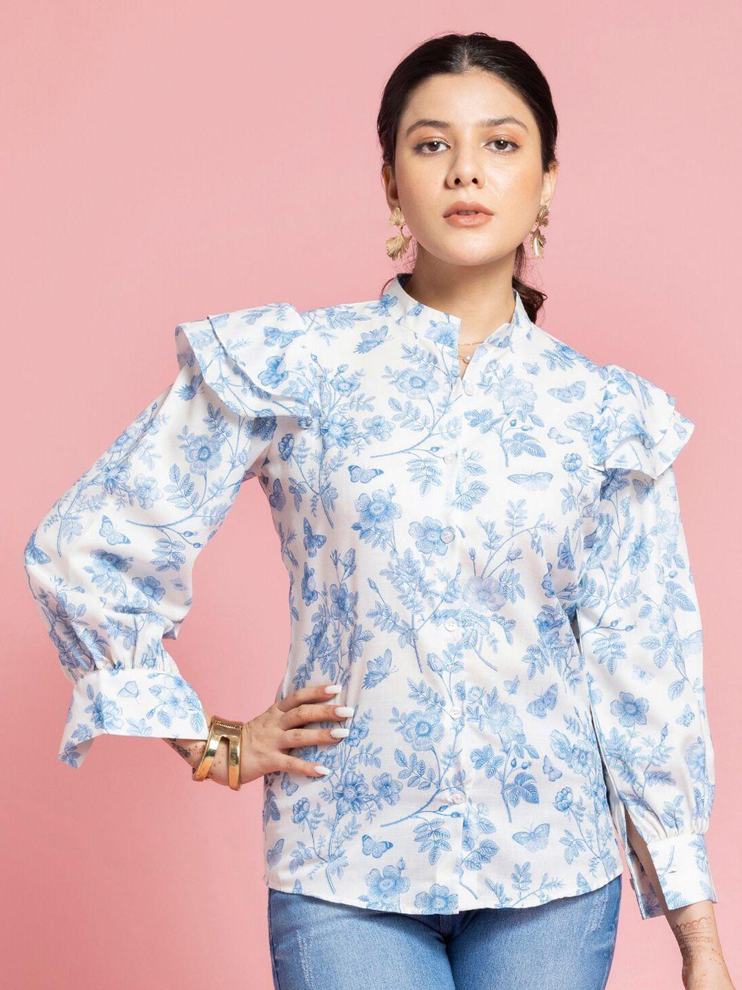 sew you soon white floral print mandarin collar flutter sleeve cotton shirt style top