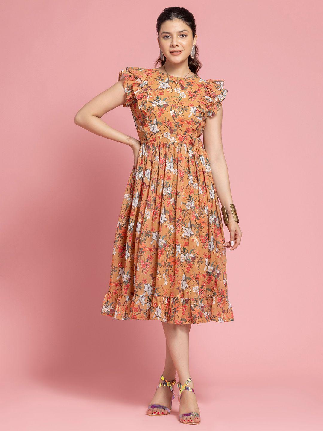 sew you soon yellow floral print flutter sleeve georgette a-line dress