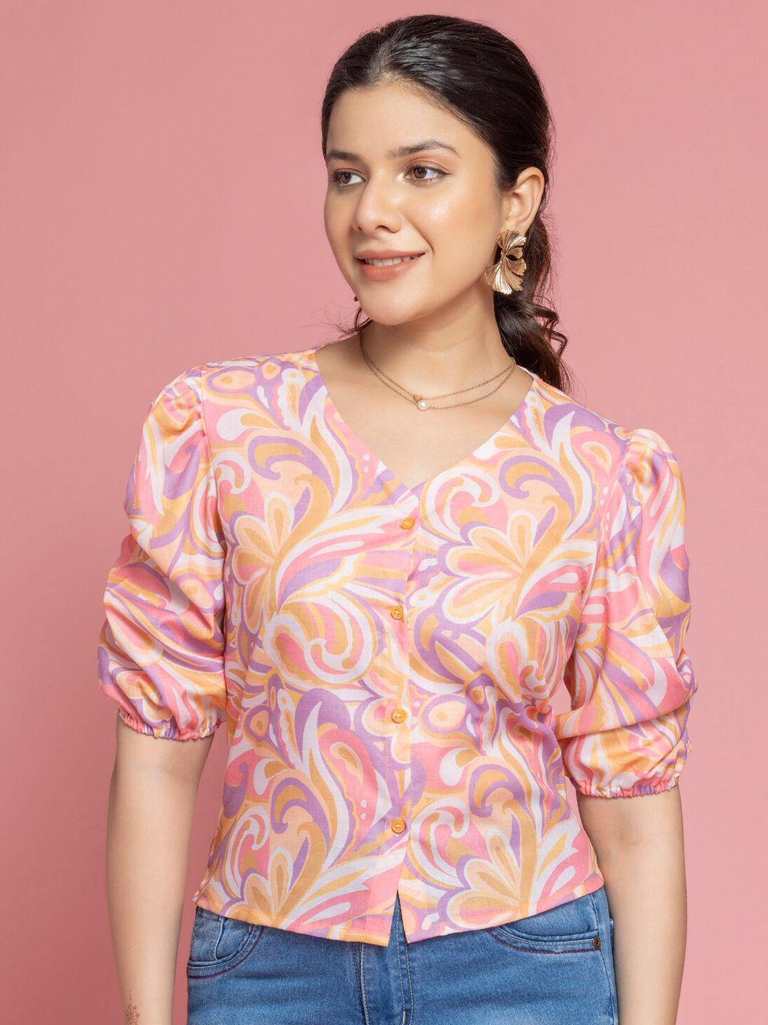 sew you soon pink print puff sleeve cotton shirt style top