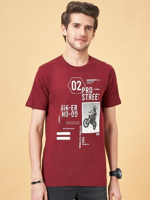 sf jeans by pantaloons maroon cotton slim fit printed t-shirt