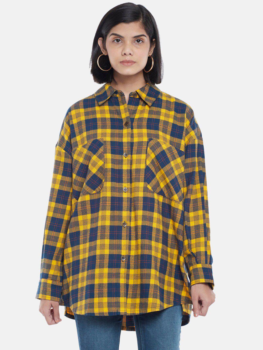 sf jeans by pantaloons women mustard yellow & navy blue cotton checked casual shirt