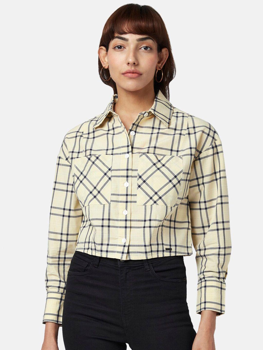 sf jeans by pantaloons women off white & yellow tartan checked cotton casual shirt