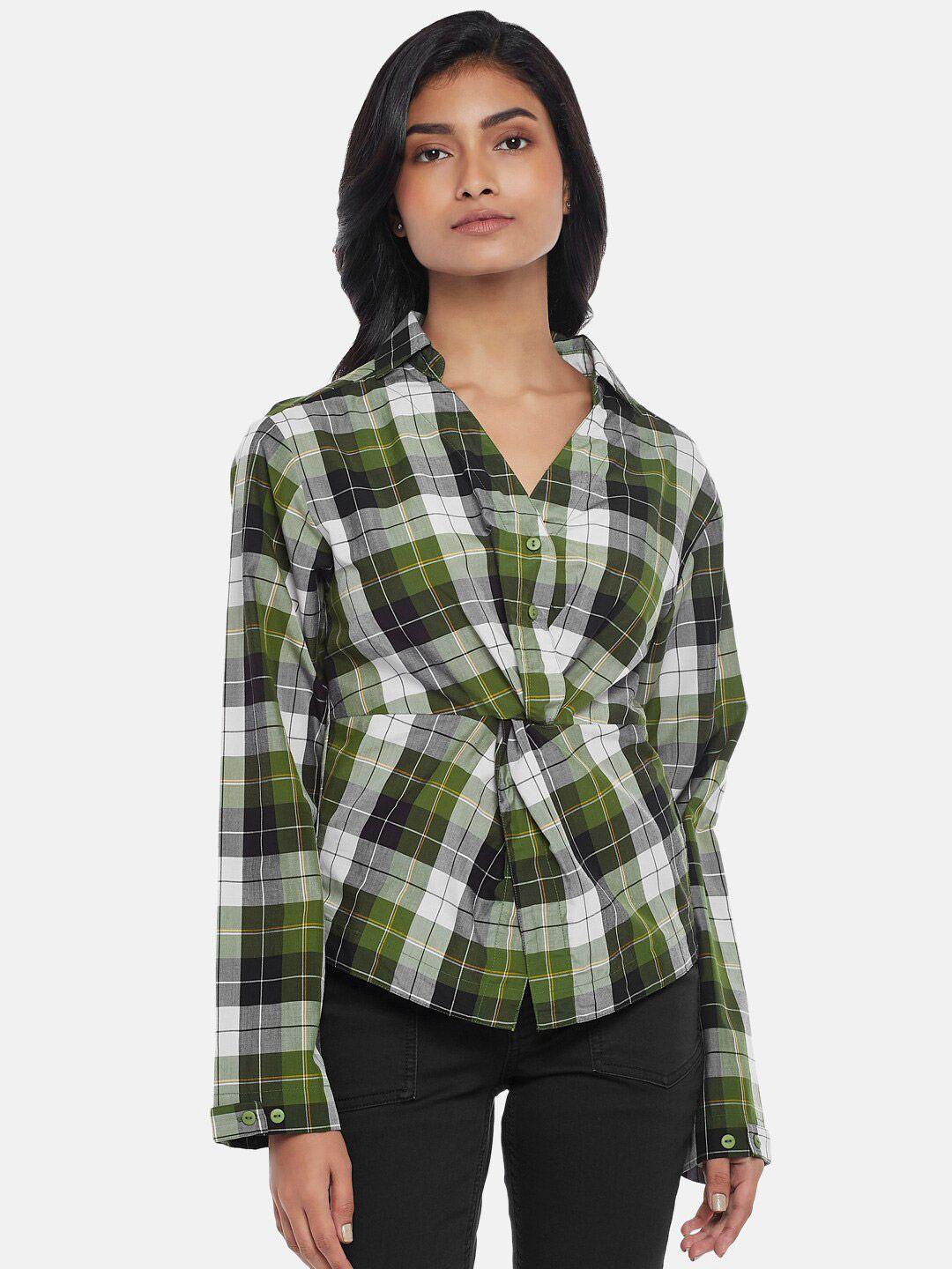 sf jeans by pantaloons women olive green tartan checked casual shirt