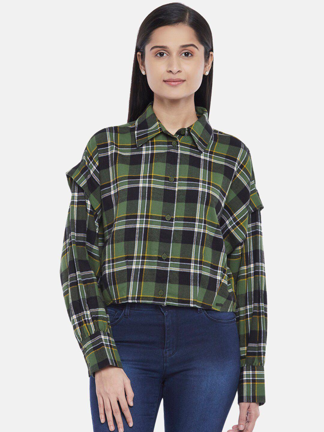 sf jeans by pantaloons women olive green tartan checked regular fit casual shirt