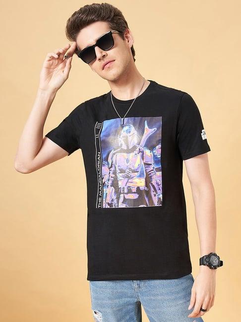 sf jeans by pantaloons black slim fit graphic print crew t-shirt