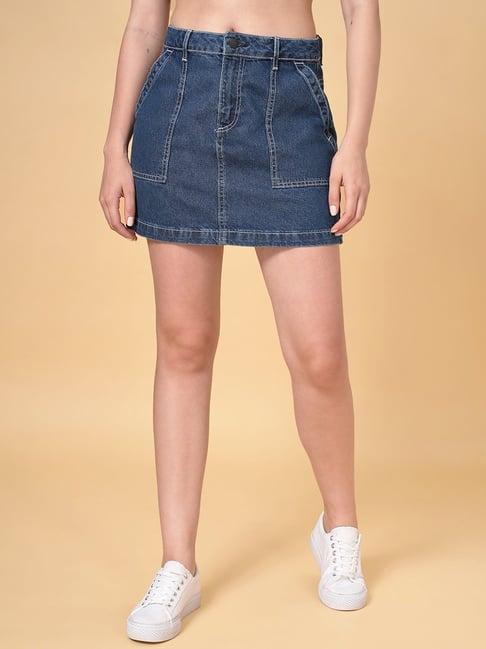 sf jeans by pantaloons blue cotton mini bodycon skirt