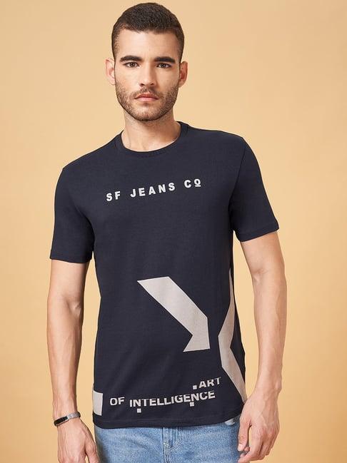 sf jeans by pantaloons dark navy regular fit printed t-shirt