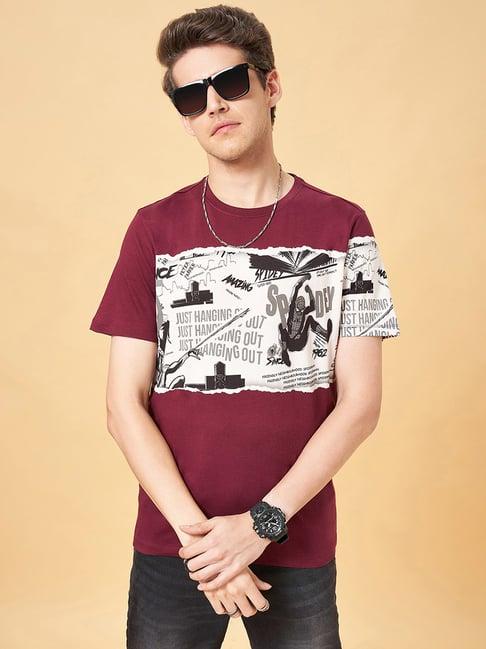 sf jeans by pantaloons maroon slim fit graphic print crew t-shirt