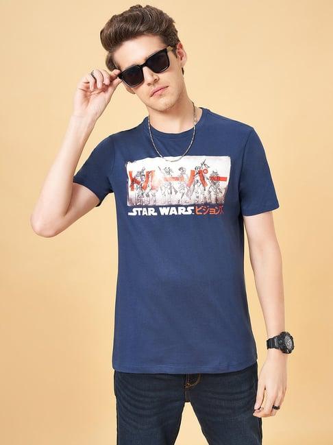 sf jeans by pantaloons navy slim fit graphic print crew t-shirt