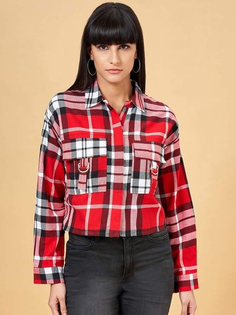 sf jeans by pantaloons urban red cotton chequered crop shirt