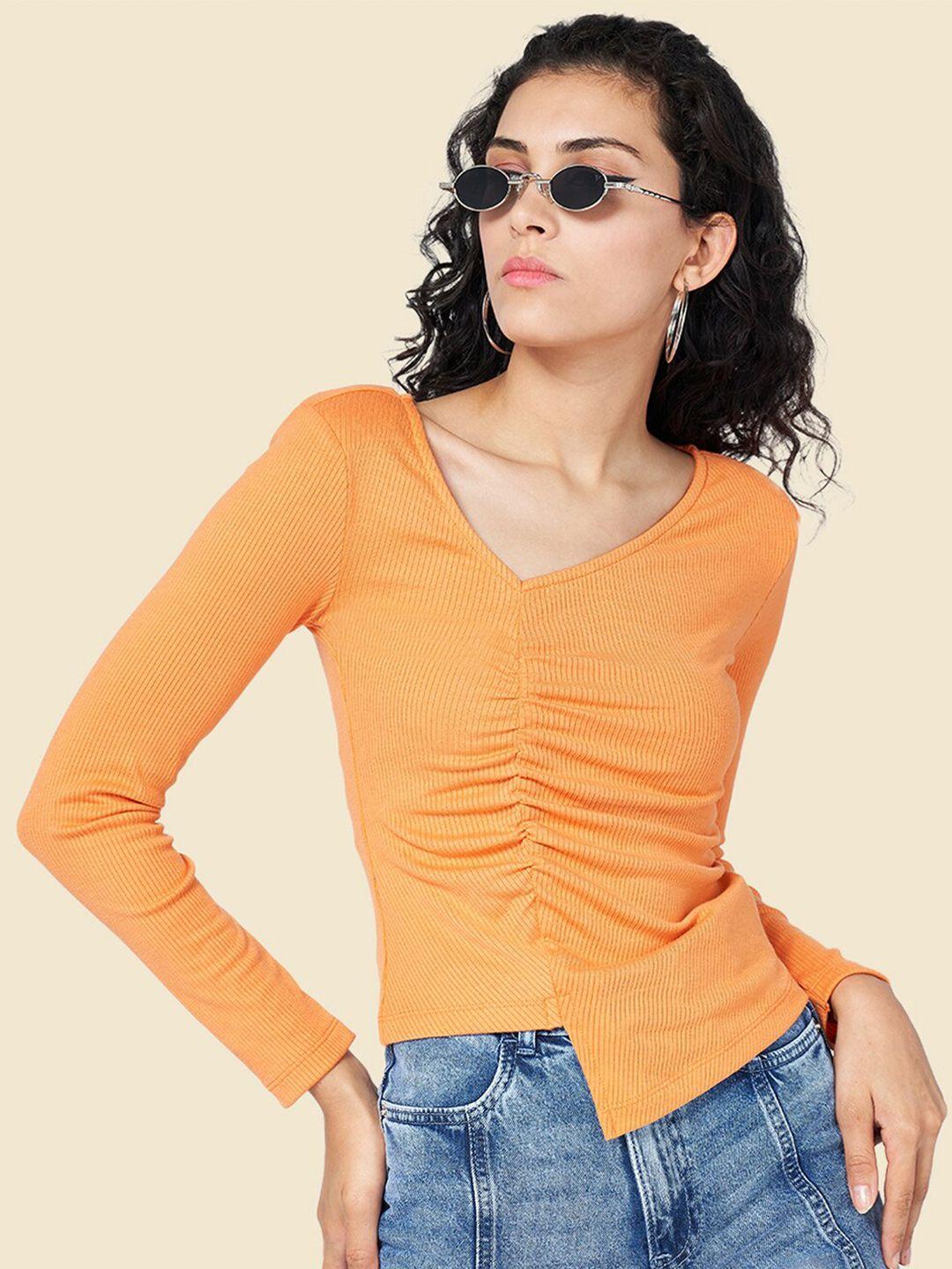 sf jeans by pantaloons v-neck long sleeves ruched top