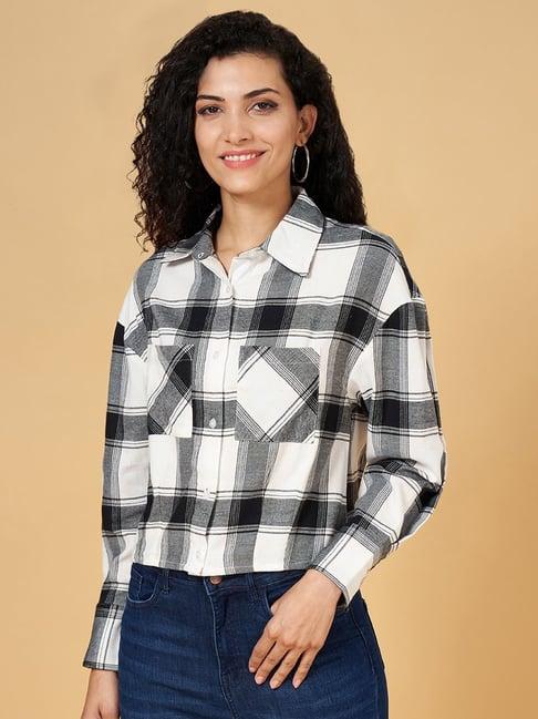 sf jeans by pantaloons white & black cotton chequered shirt