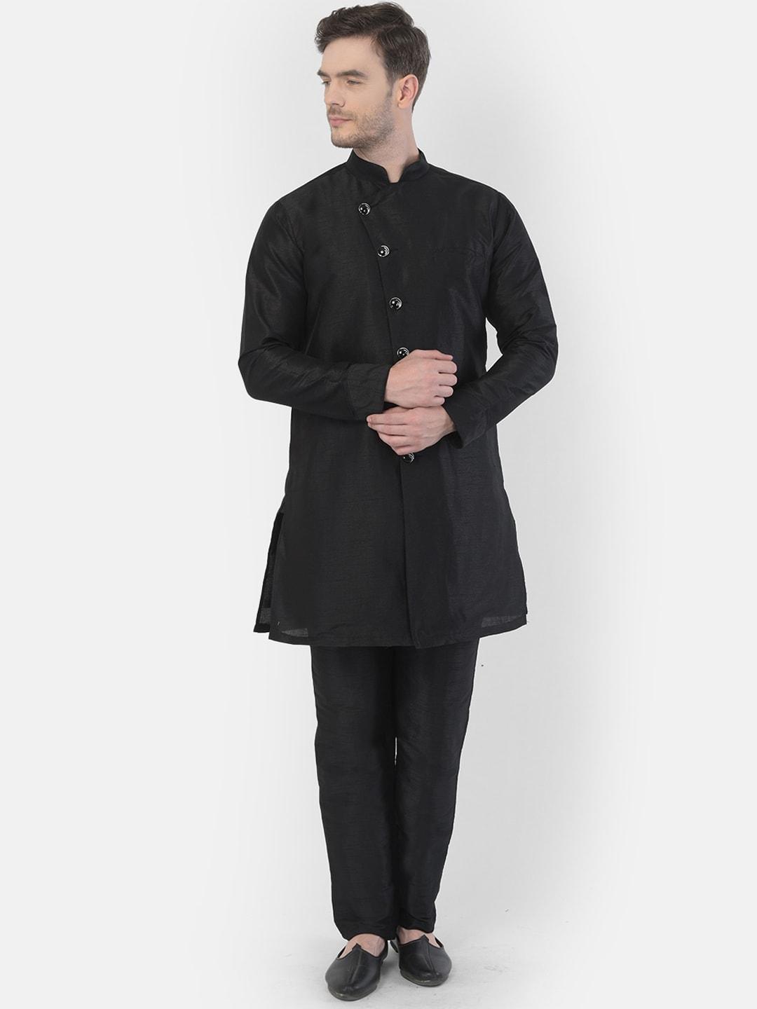 sg leman men black pleated raw silk kurta with pyjamas
