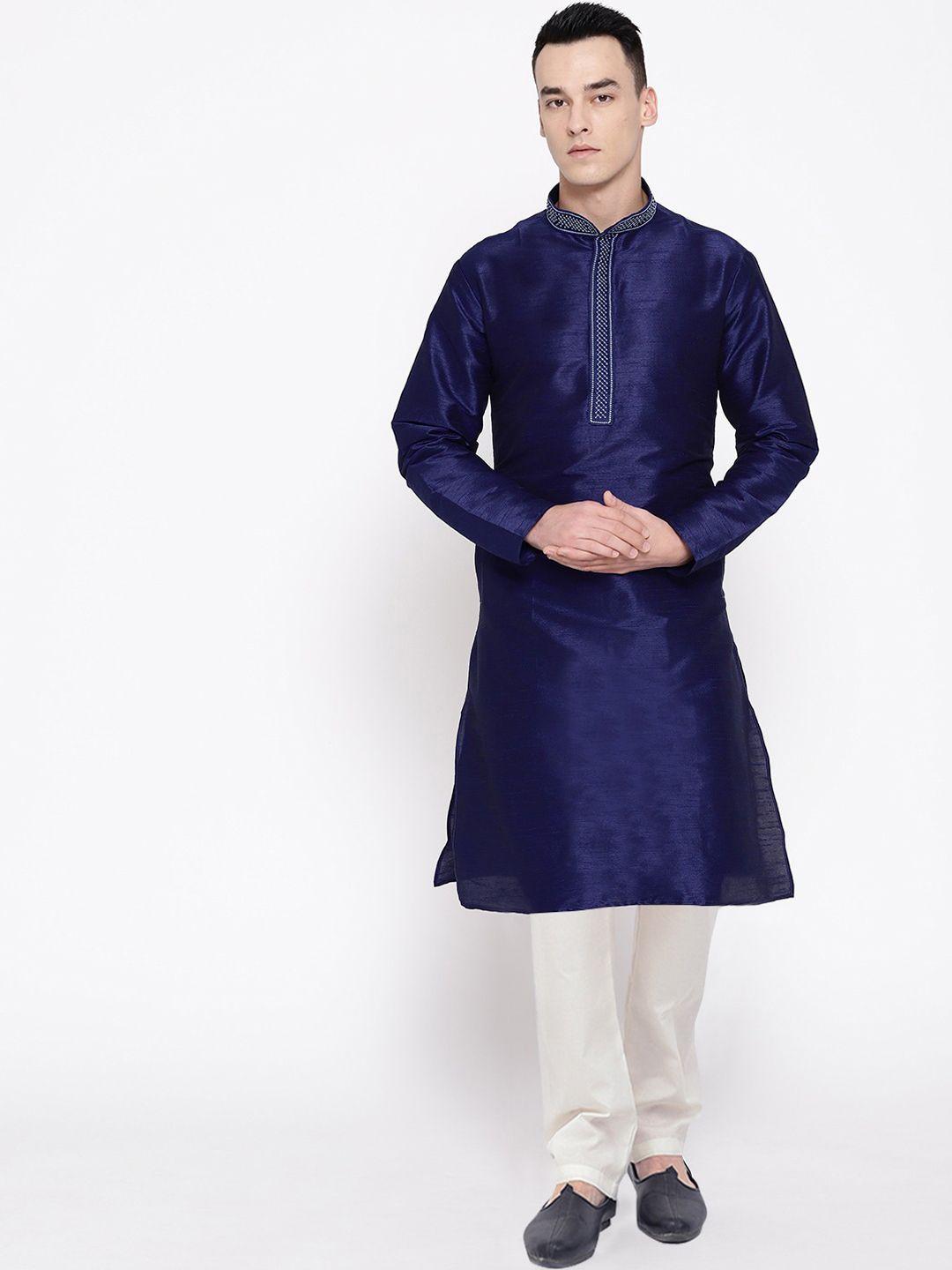 sg leman men blue thread work raw silk kurta with churidar set