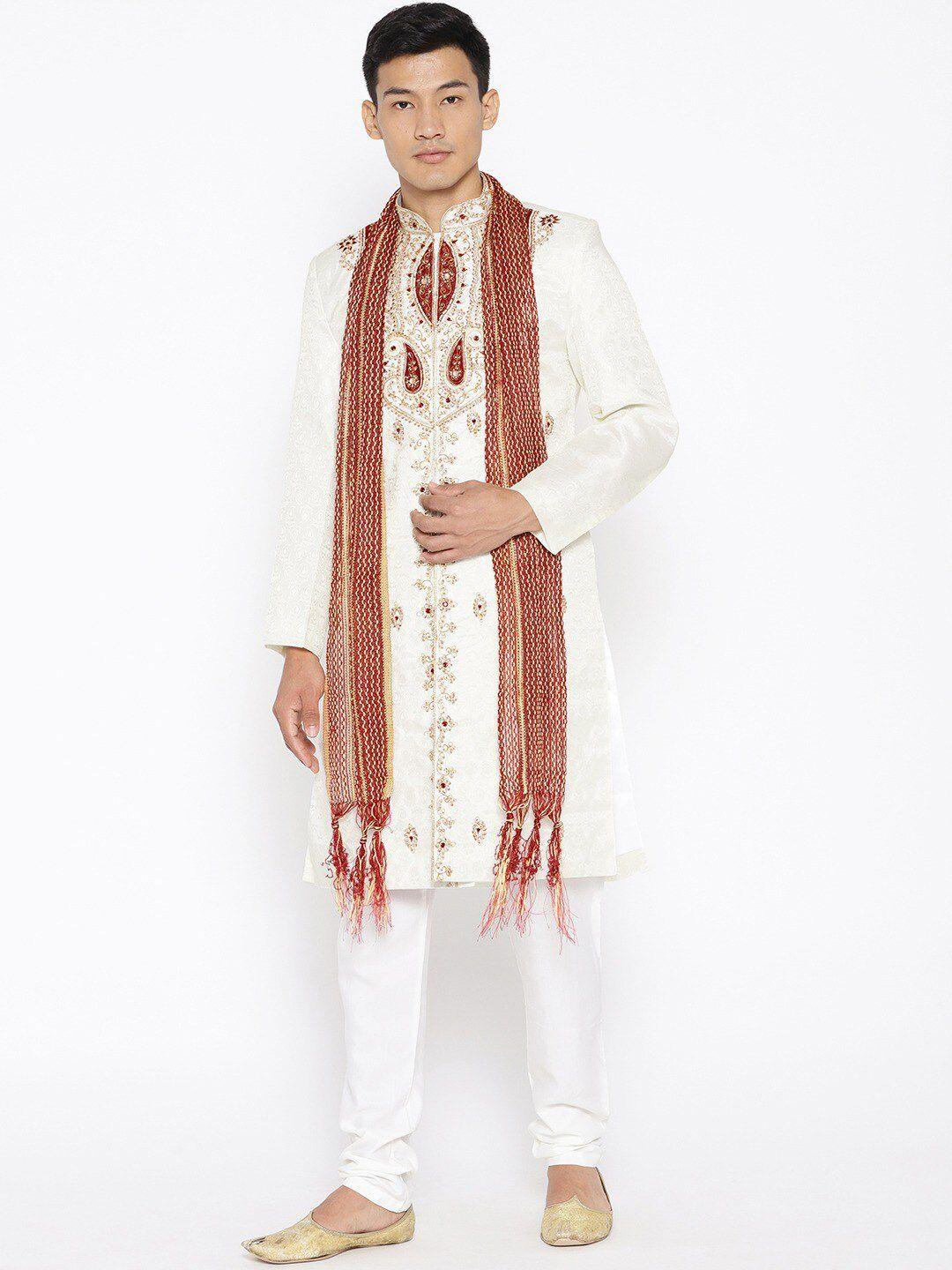 sg leman men cream colored woven design sherwani