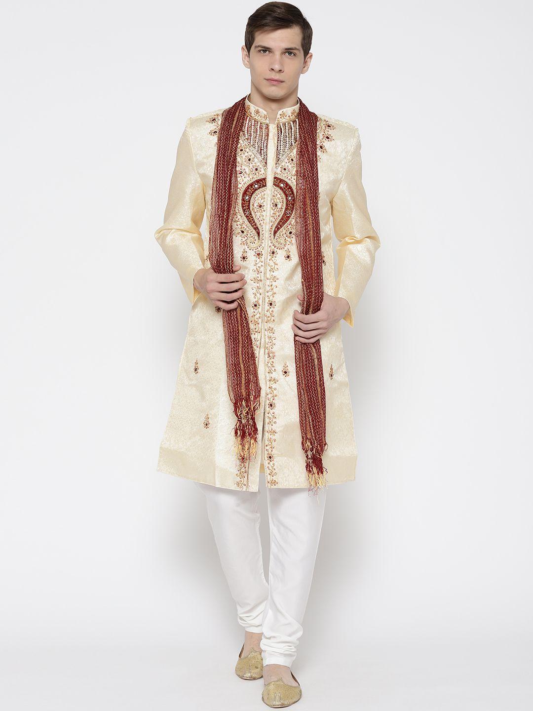 sg leman men cream-coloured & off white embellished design raw silk sherwani with stole