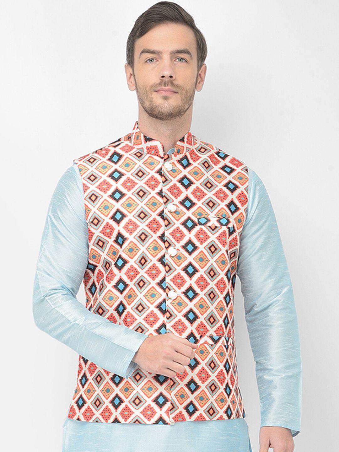 sg leman men cream-coloured & orange printed nehru jacket