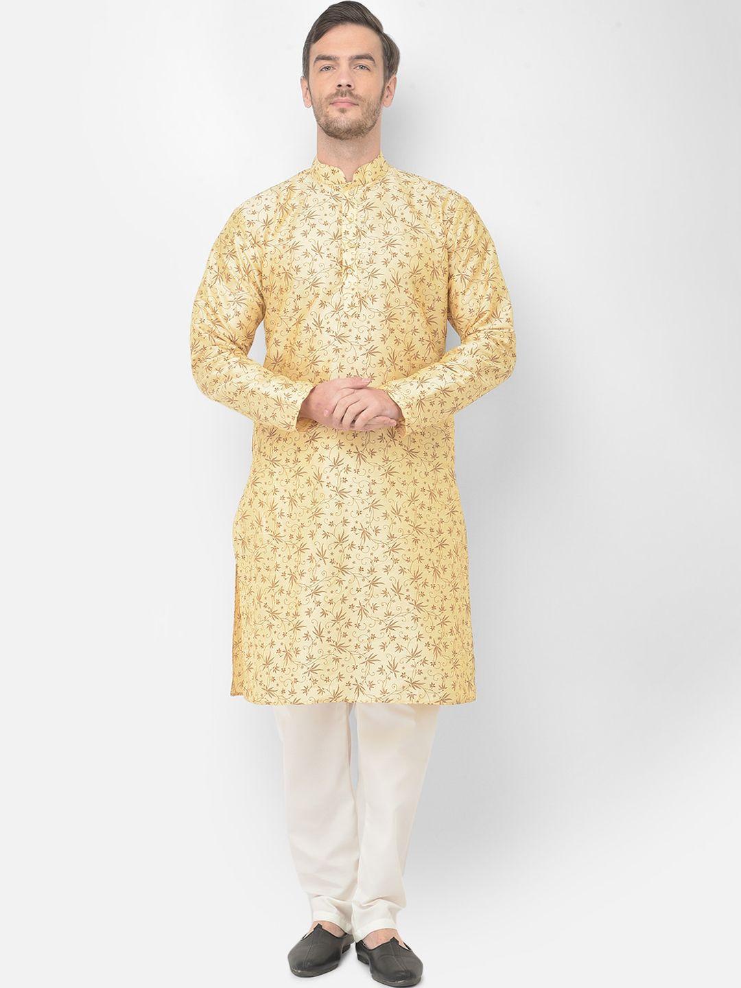 sg leman men cream-coloured floral printed raw silk kurta with churidar