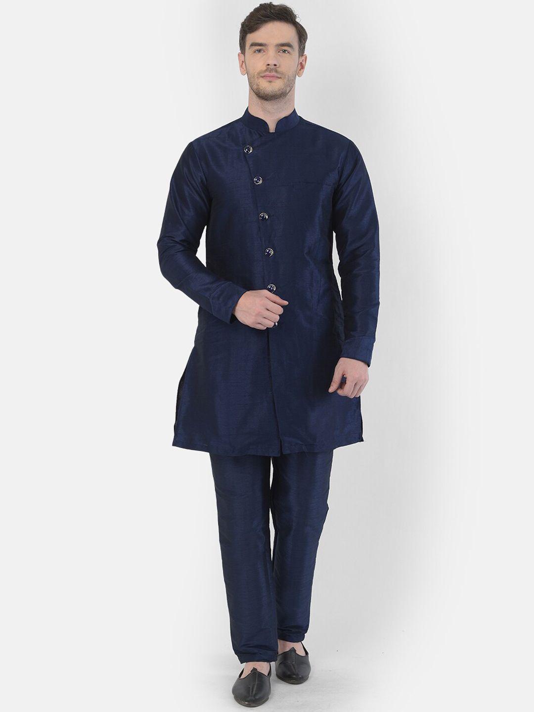 sg leman men navy blue angrakha raw silk kurta with trousers