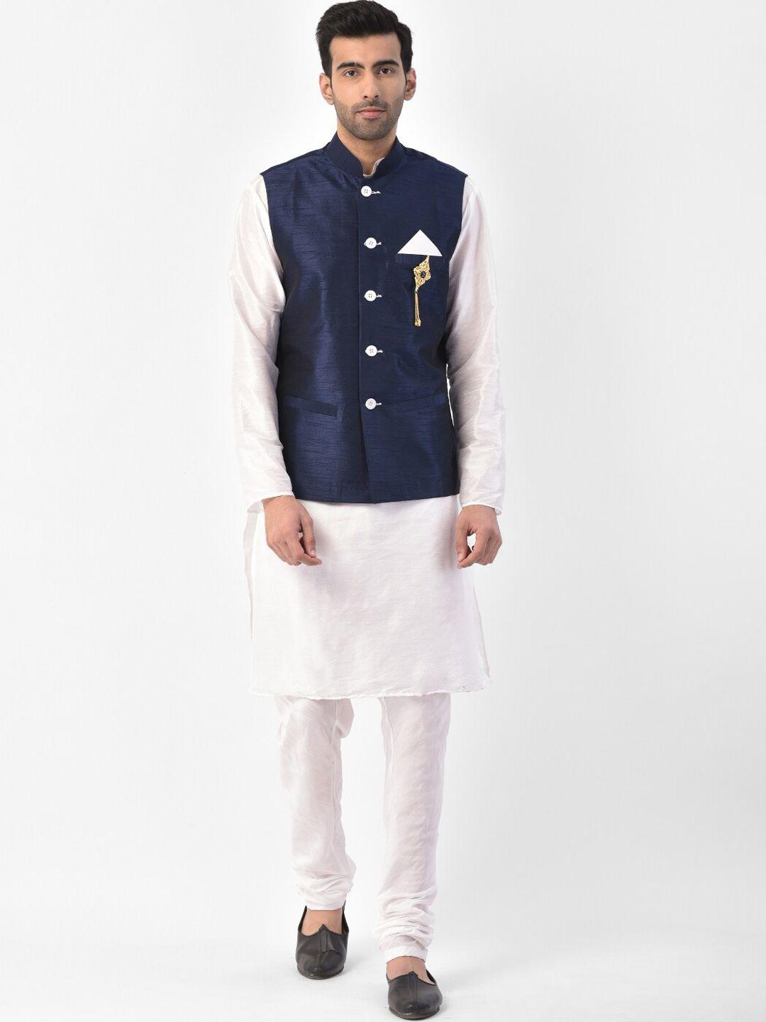 sg leman men navy blue raw silk kurta with churidar & jacket set