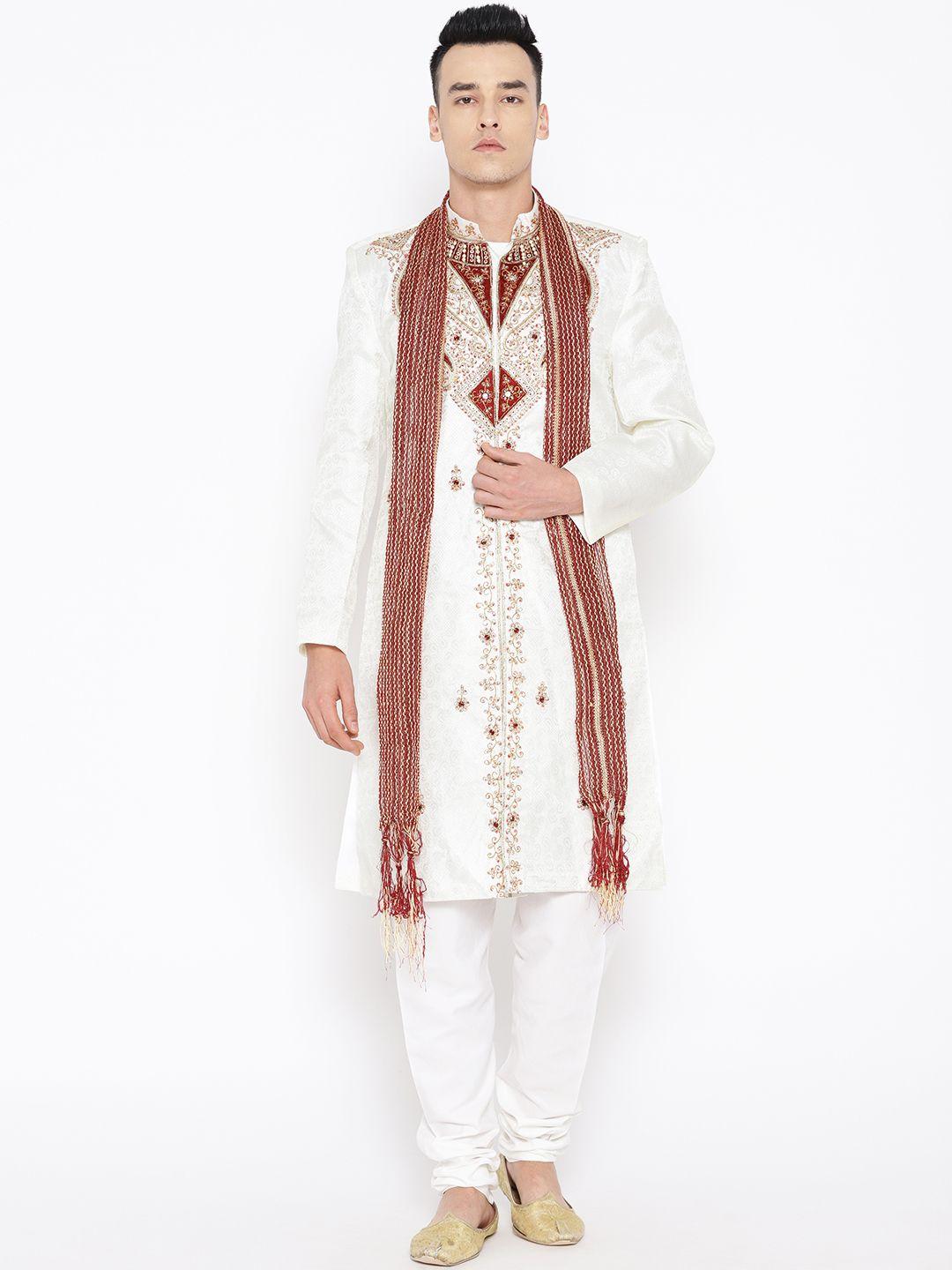 sg leman men off-white & maroon embellished sherwani