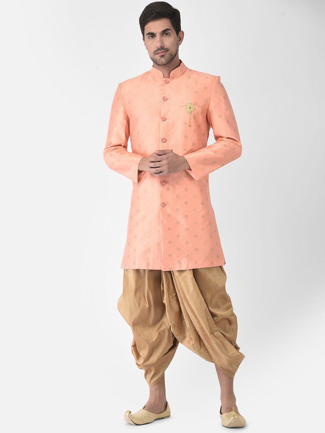 sg leman men peach & gold-toned printed sherwani with dhoti pants
