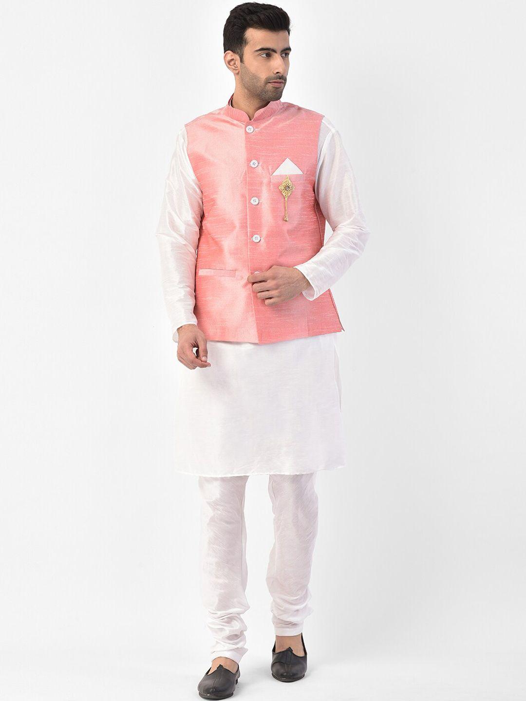 sg leman men peach-coloured raw silk kurta with churidar & jacket set