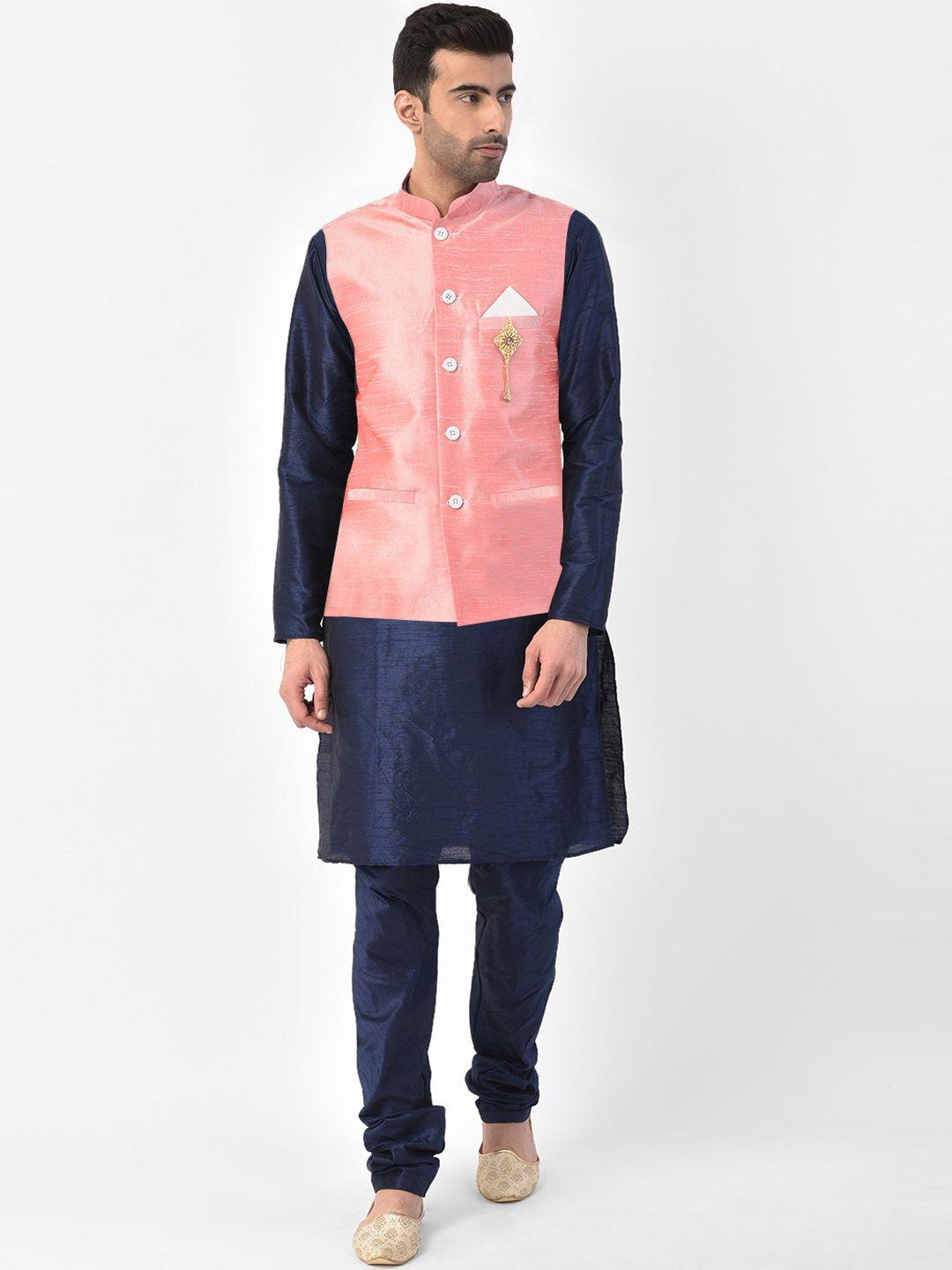 sg leman men peach-coloured regular raw silk kurta set with nehru jacket