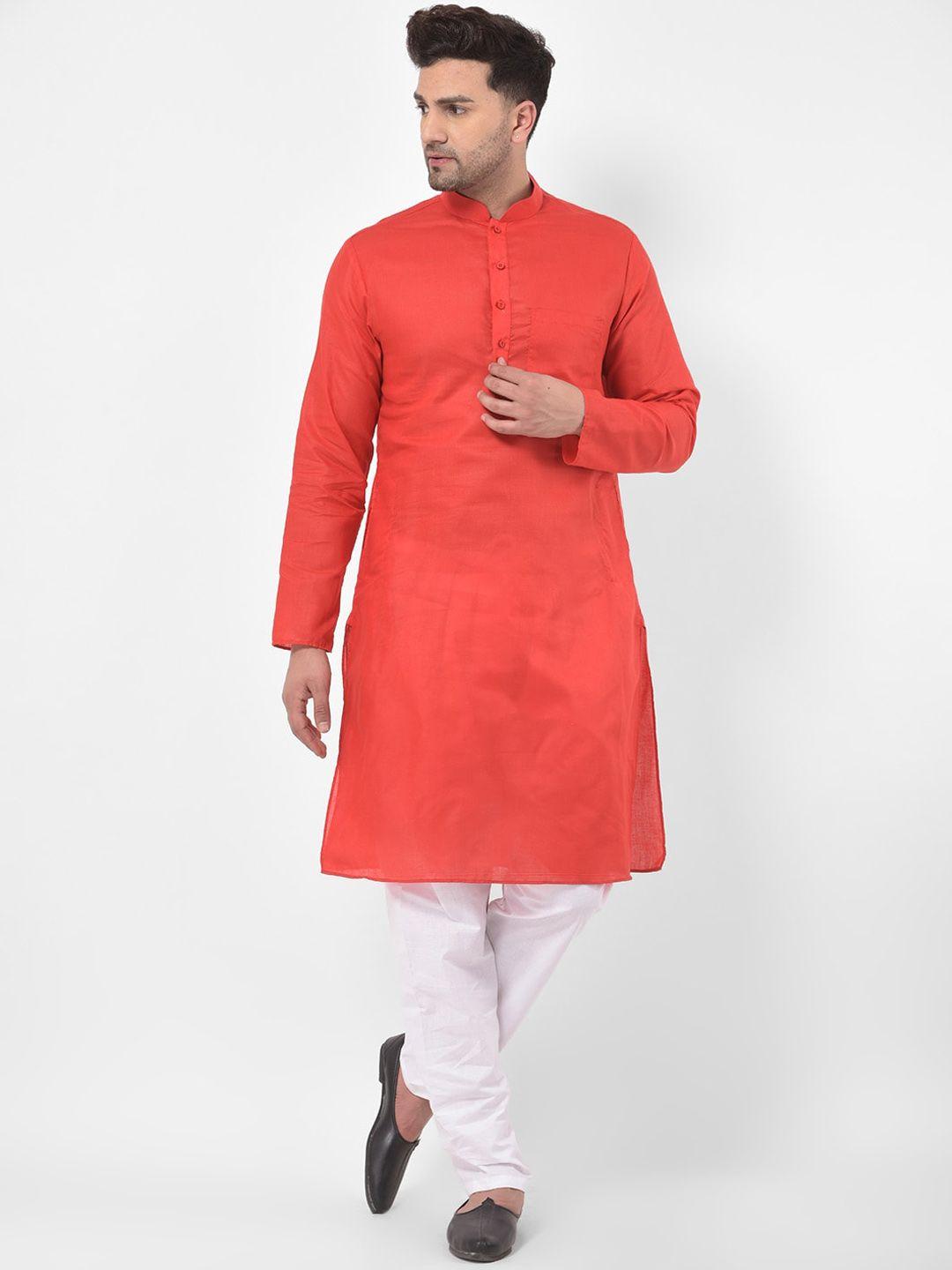 sg leman men red & white pure cotton kurta set