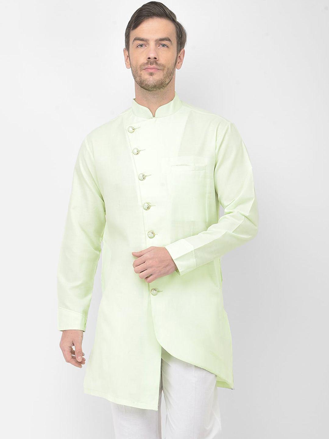 sg leman men sea green solid cotton asymmetric kurta