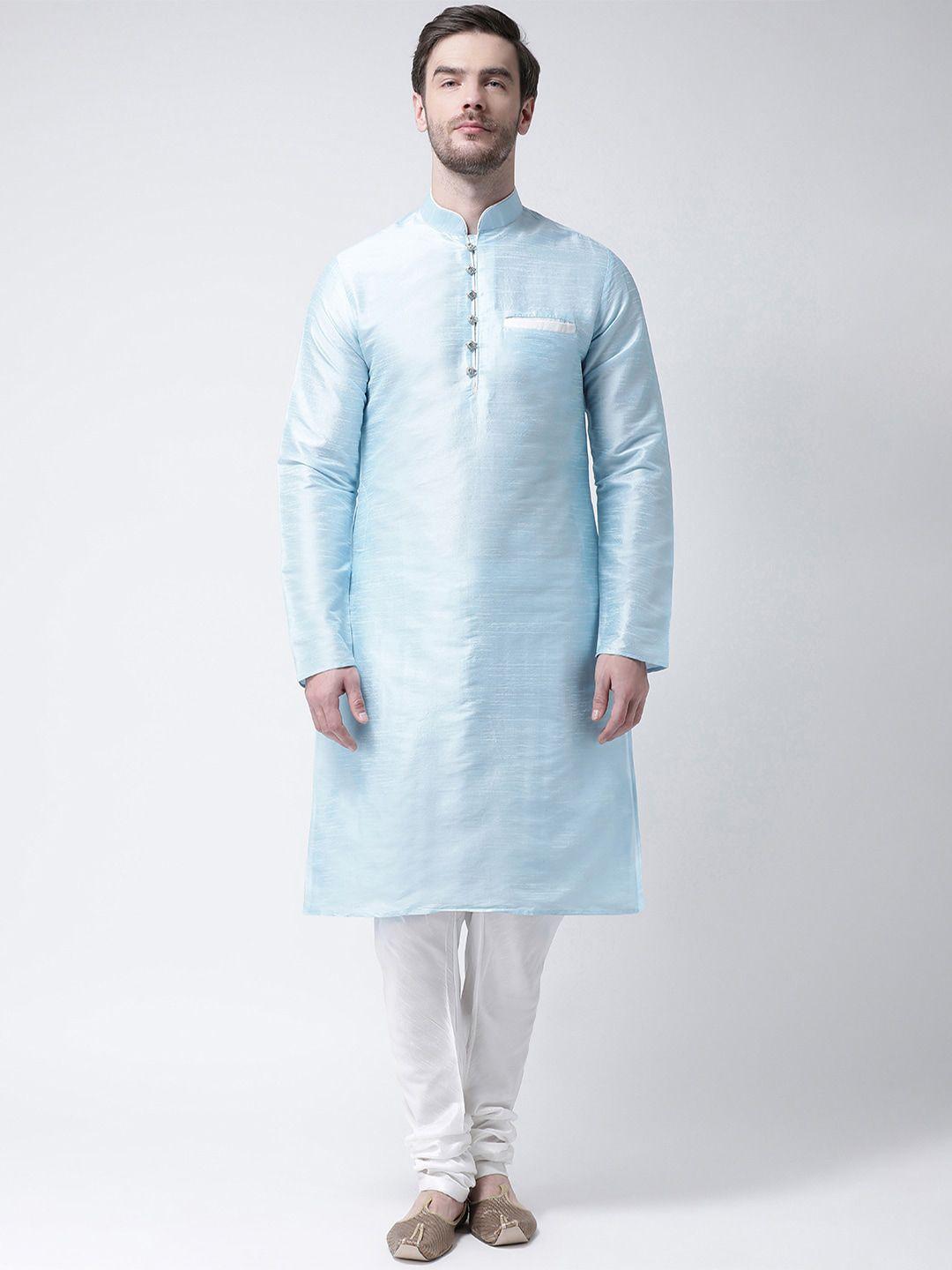 sg leman men turquoise blue & white raw silk kurta with churidar