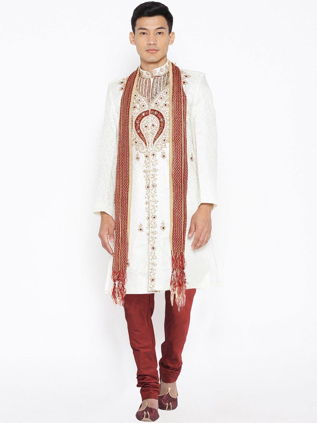 sg leman men white & red embellished sherwani set