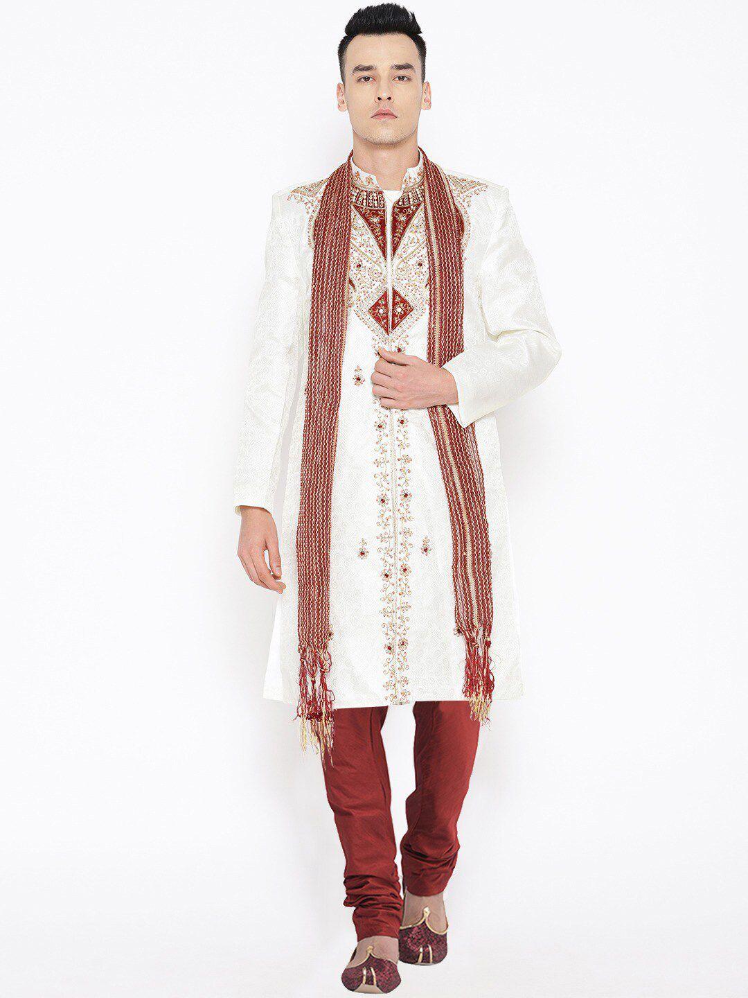 sg leman men white and red embellished silk sherwani set