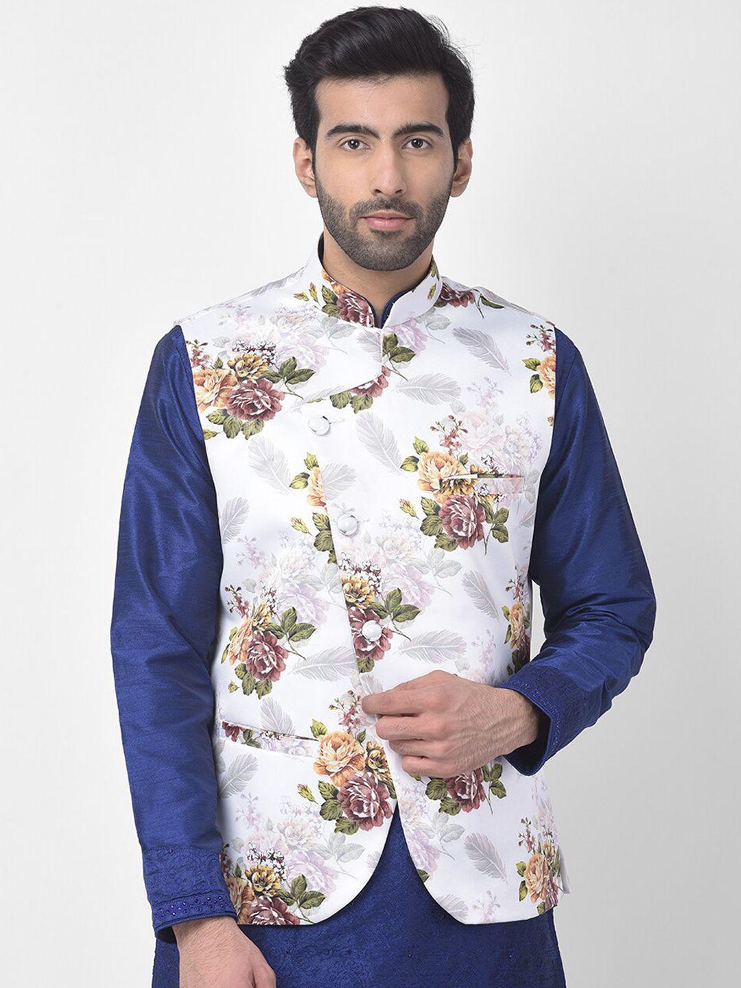 sg leman men white floral printed nehru jacket