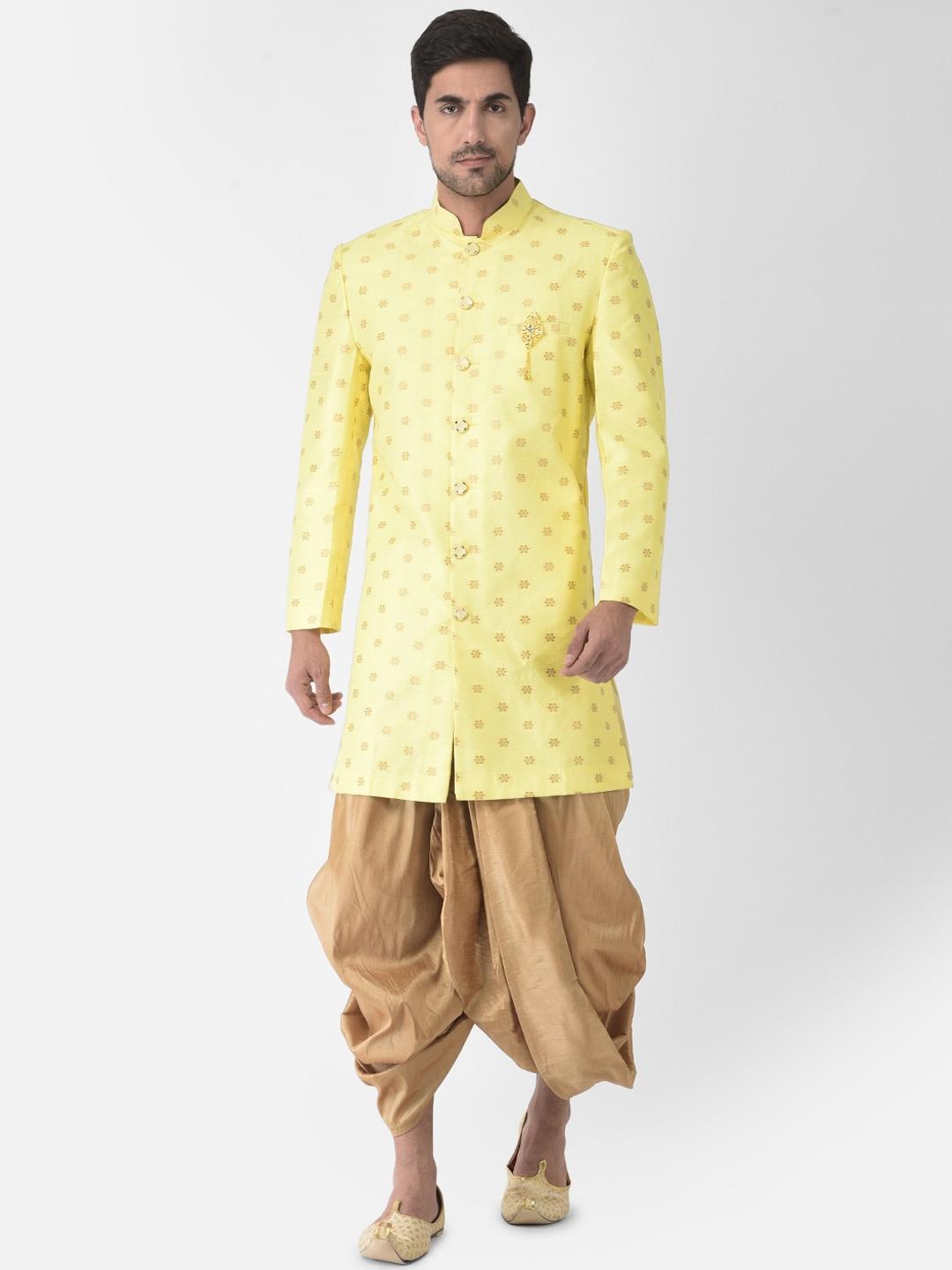 sg leman men yellow & gold-coloured printed sherwani set