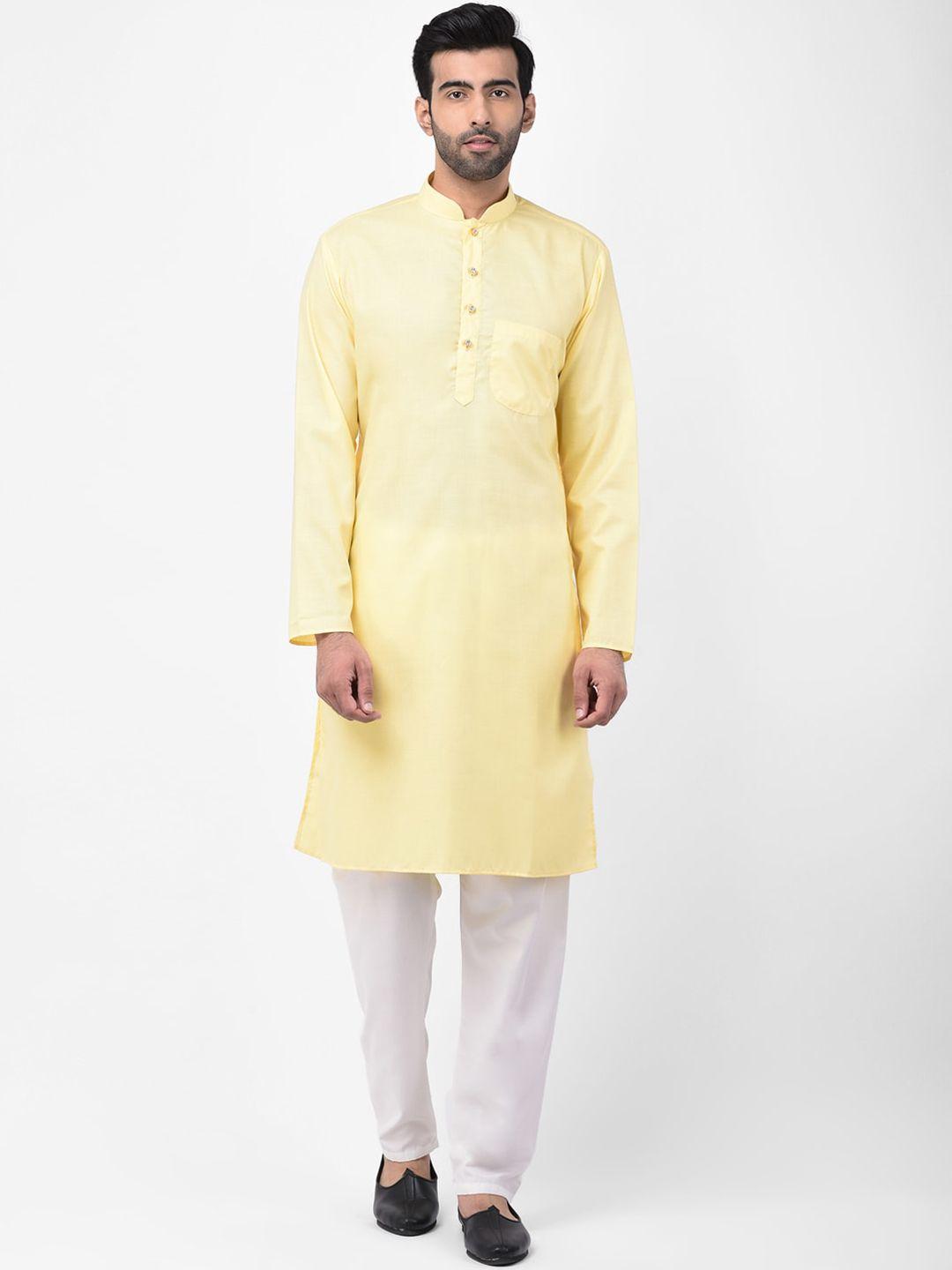 sg leman men yellow & white solid kurta with pyjamas